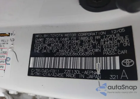 2006 Toyota Corolla Le z USA, uszkodzony, nr VIN JTDBR32E860063591